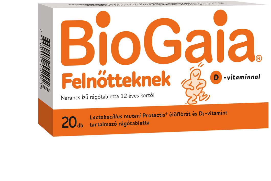 BioGaia Felnőtteknek + D-vitamin Étrend-kiegészítő rágótabletta 20 db