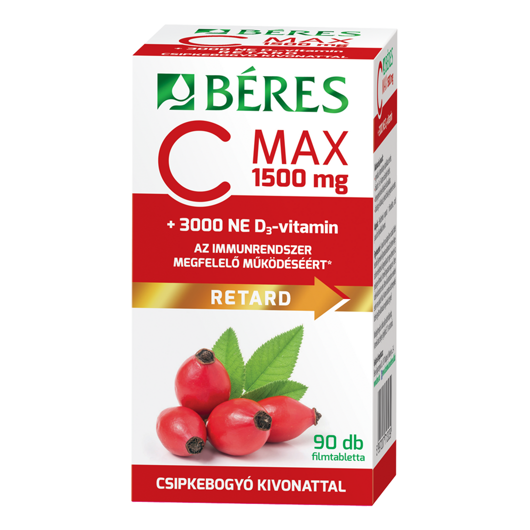 BÉRES C MAX 1500 MG RETARD FILMTABLETTA CSIPKEBOGYÓ KIVONATTAL + 3000 NE D3-VITAMIN